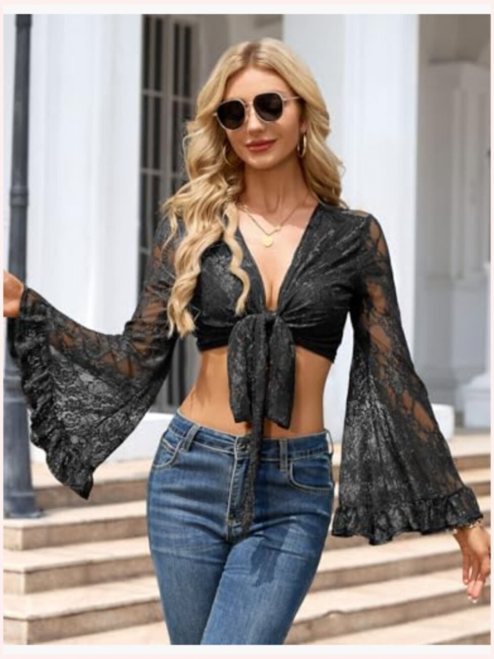 Flowy Lace Bell Sleeve Crop Top Boho Tie Front Blouse Rave Festival Hippie - Picture 4 of 7